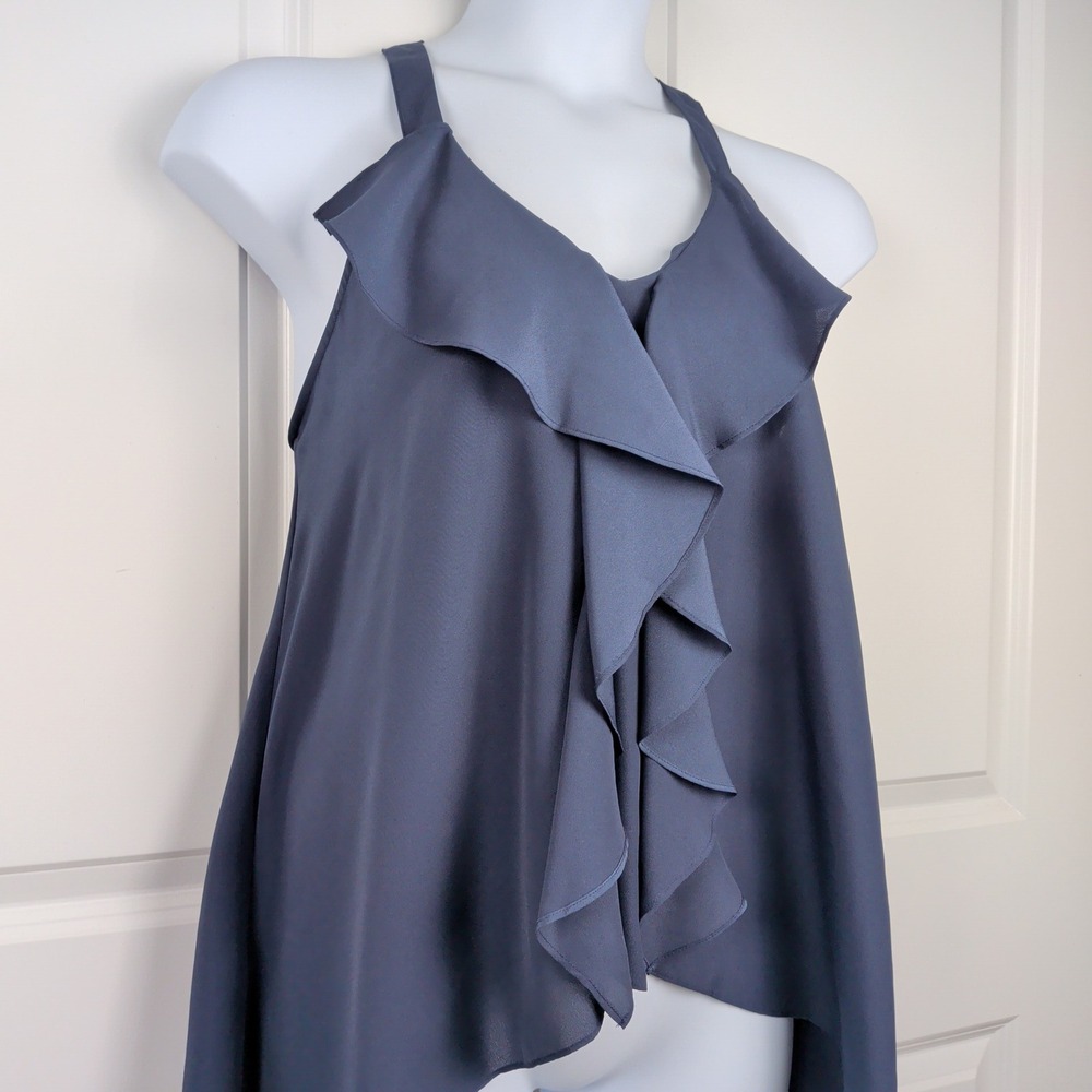 Marine Blue Fairy Ruffle Lace Back High Low Halter Top Blouse M Romantic Coquett